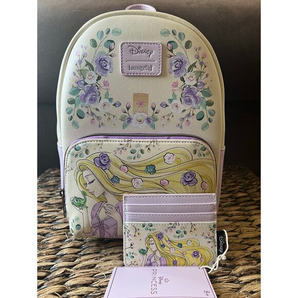 Loungefly Tangled Rapunzel Pascal Flowers Mini Backpack Lavender Wallet - Picture 1 of 9